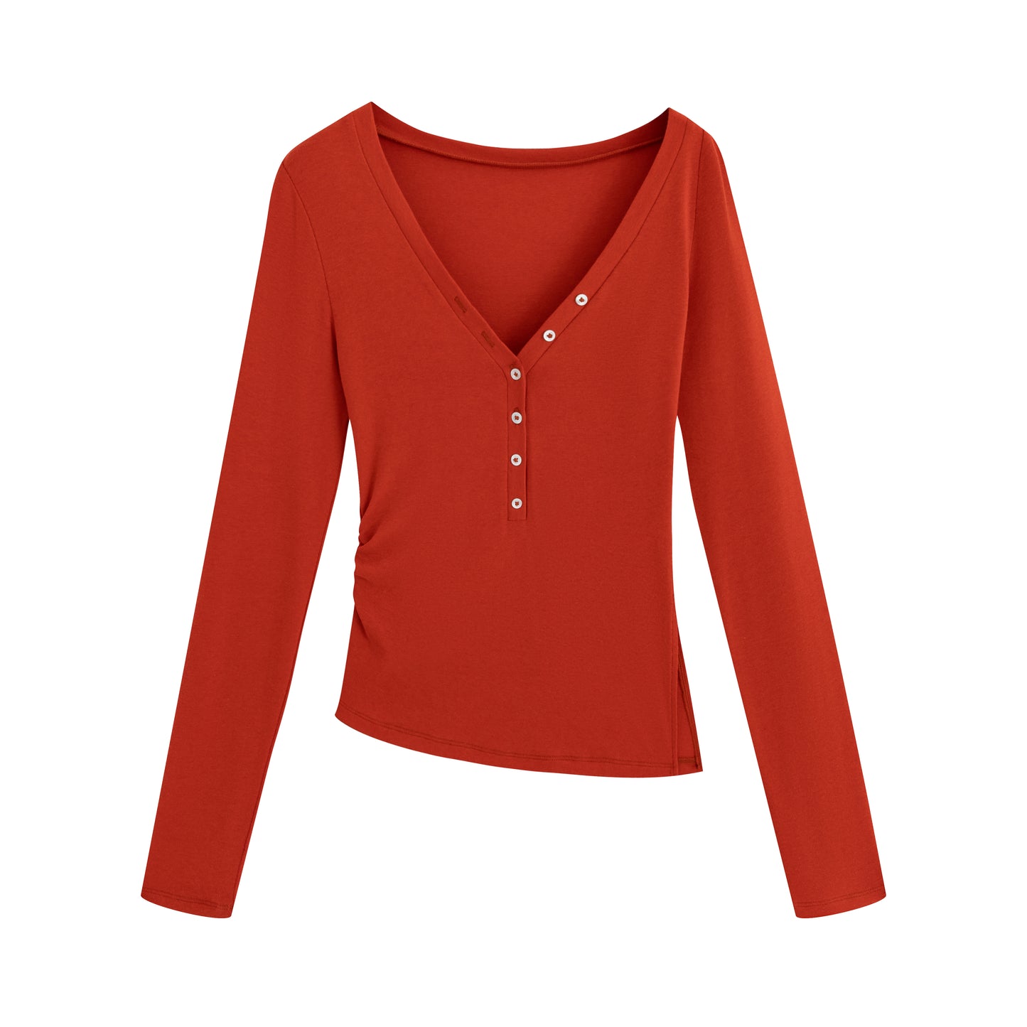 Asymmetrical Henley Collar Tencel-Wool Long-Sleeve Top - The Blender