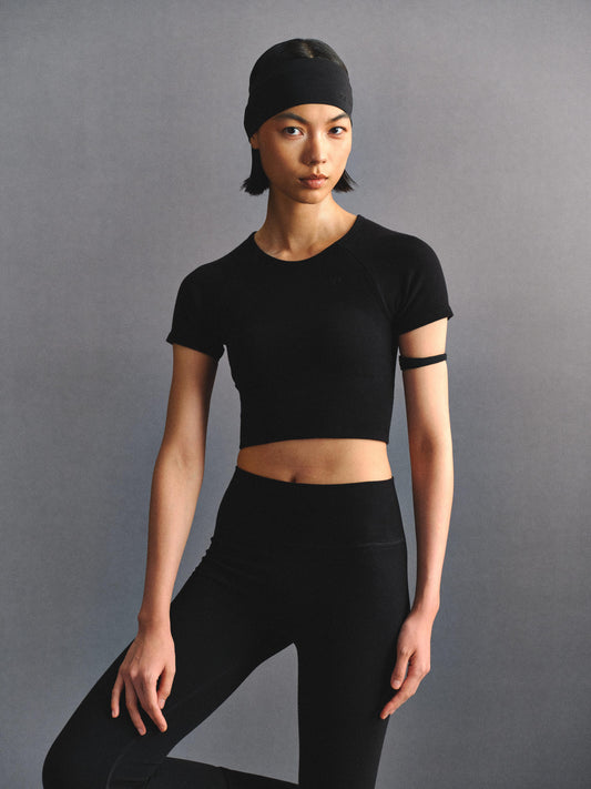 「3S」Ribbed Crew‑Neck Cropped Short‑Sleeve Top