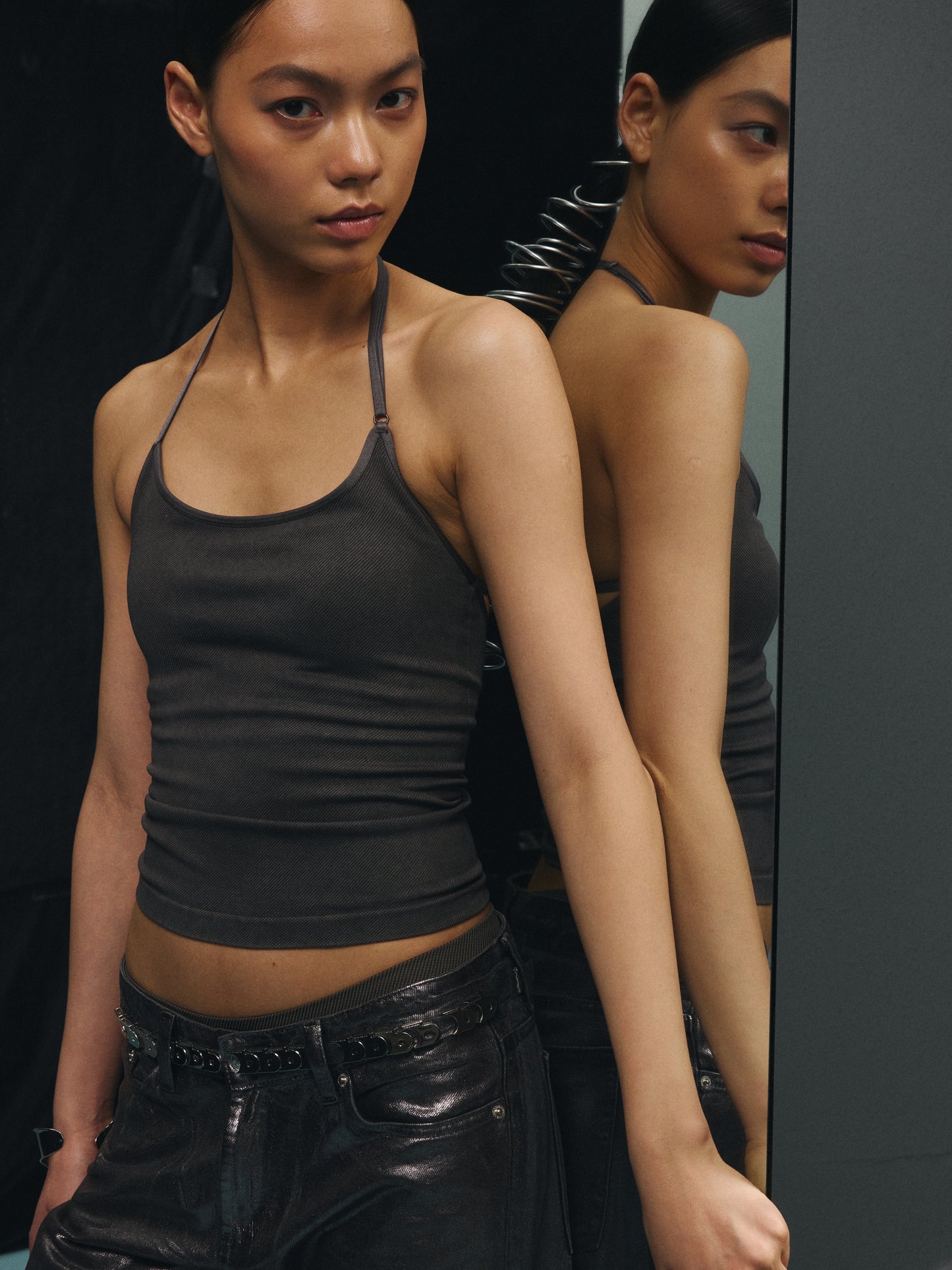 Sand-Washed Denim Halter Tank Top6013top