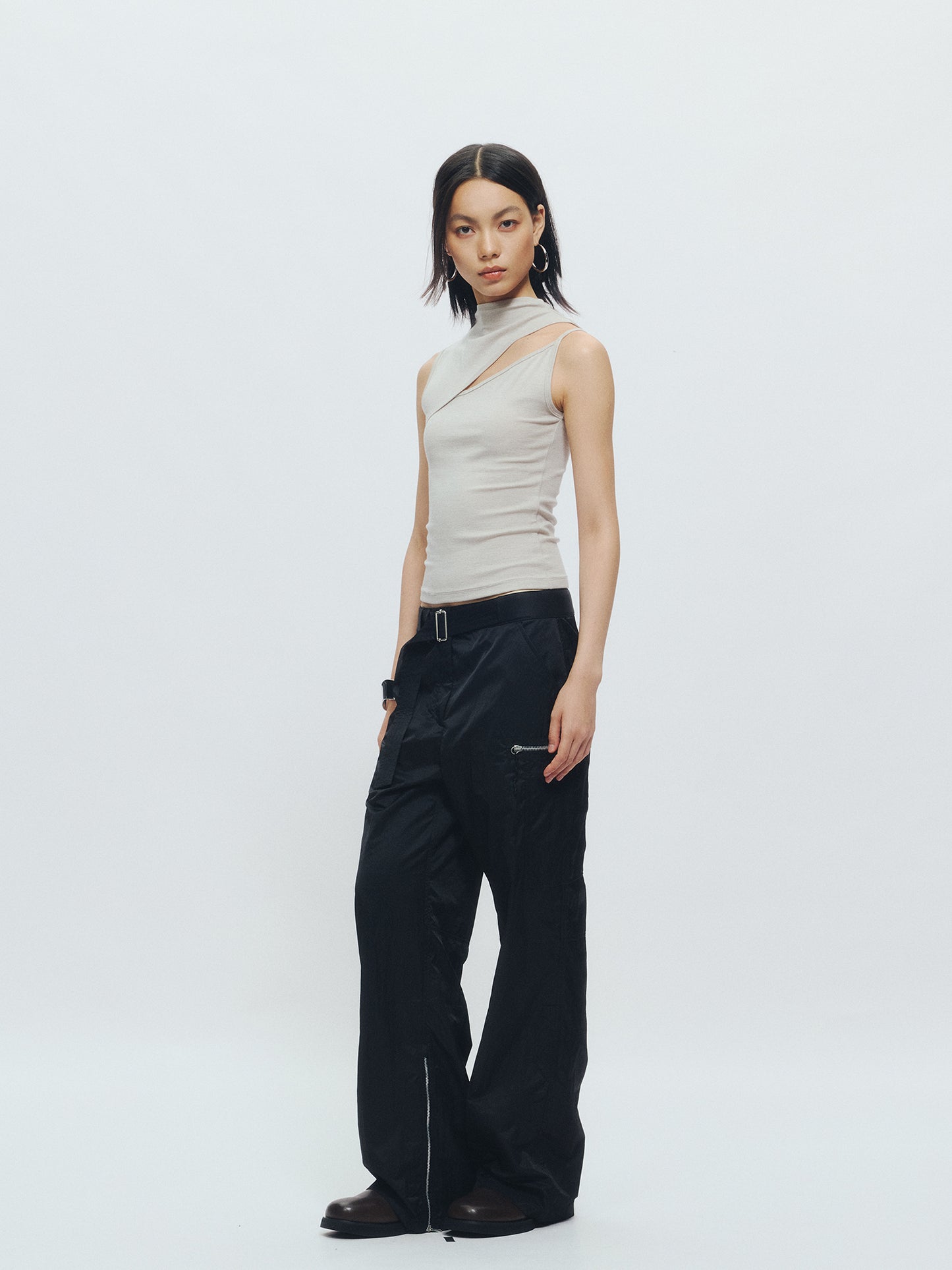Cut-out Mock Neck Vest & Tie-Front Long Sleeve Top - The Blender