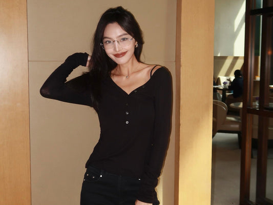 Asymmetrical Henley Collar Top:Effortless Style with Cozy Comfort