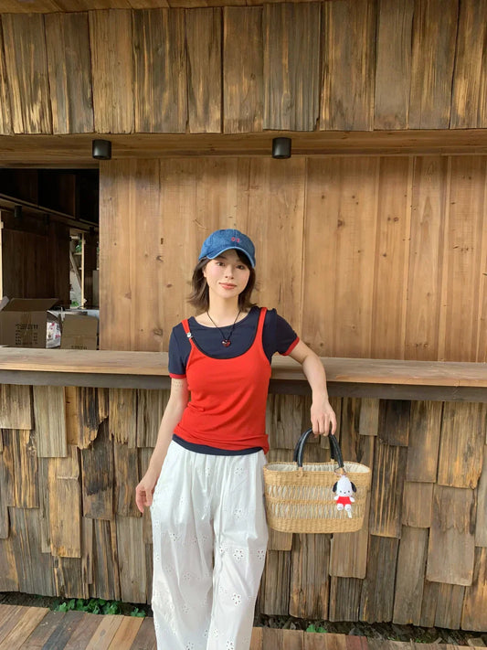 Contrast Cuff Tee + Y-Back Cami Casual Set