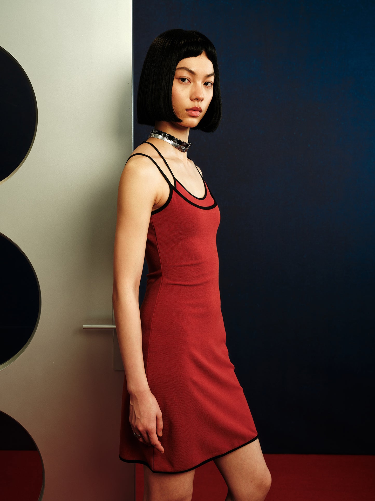Crew Neck Contrast Logo Thin Strap Cropped Cami Dress - The Blender
