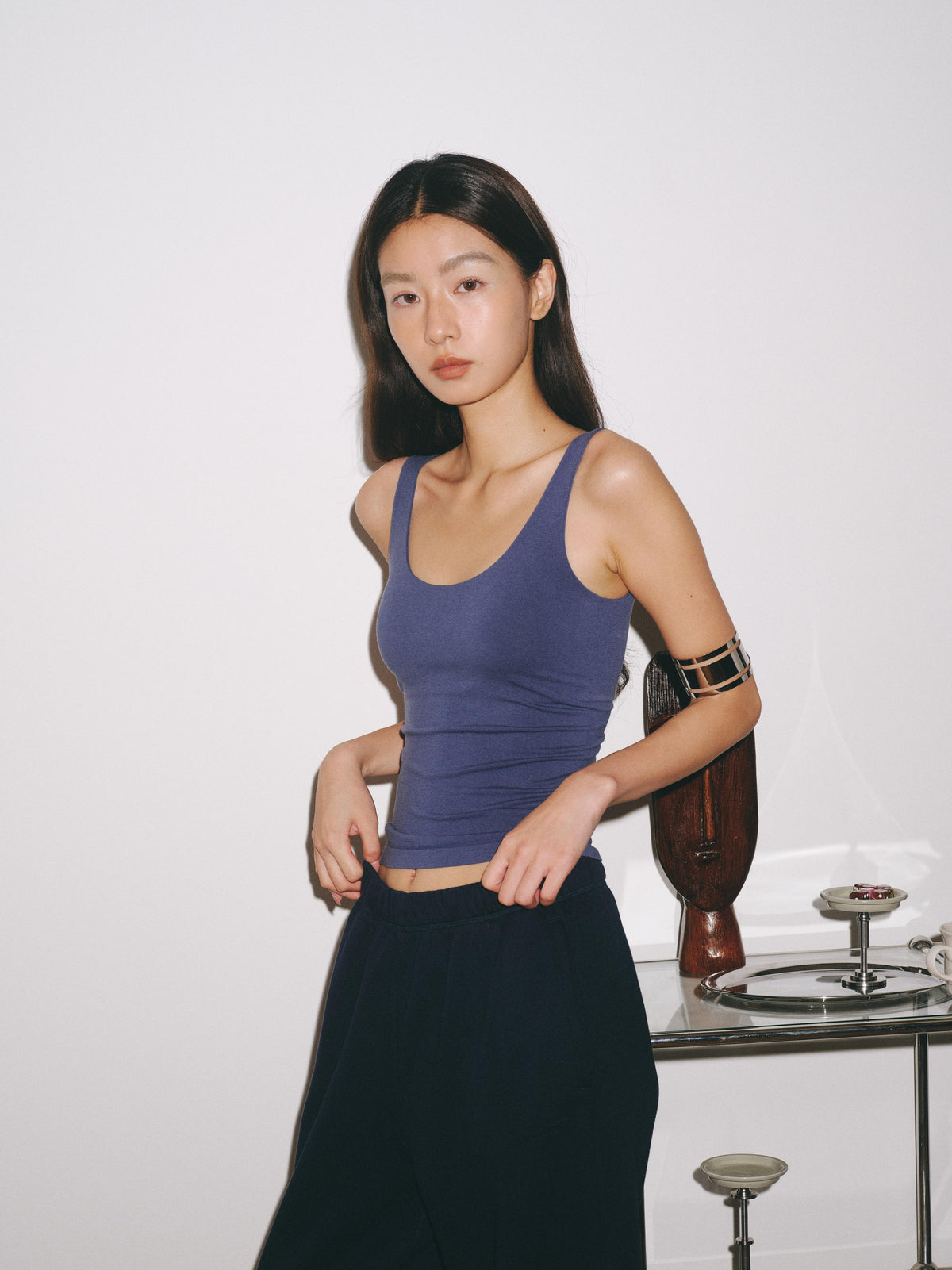 Wool U-Neck Open Back Fixed Padding Tank Top
