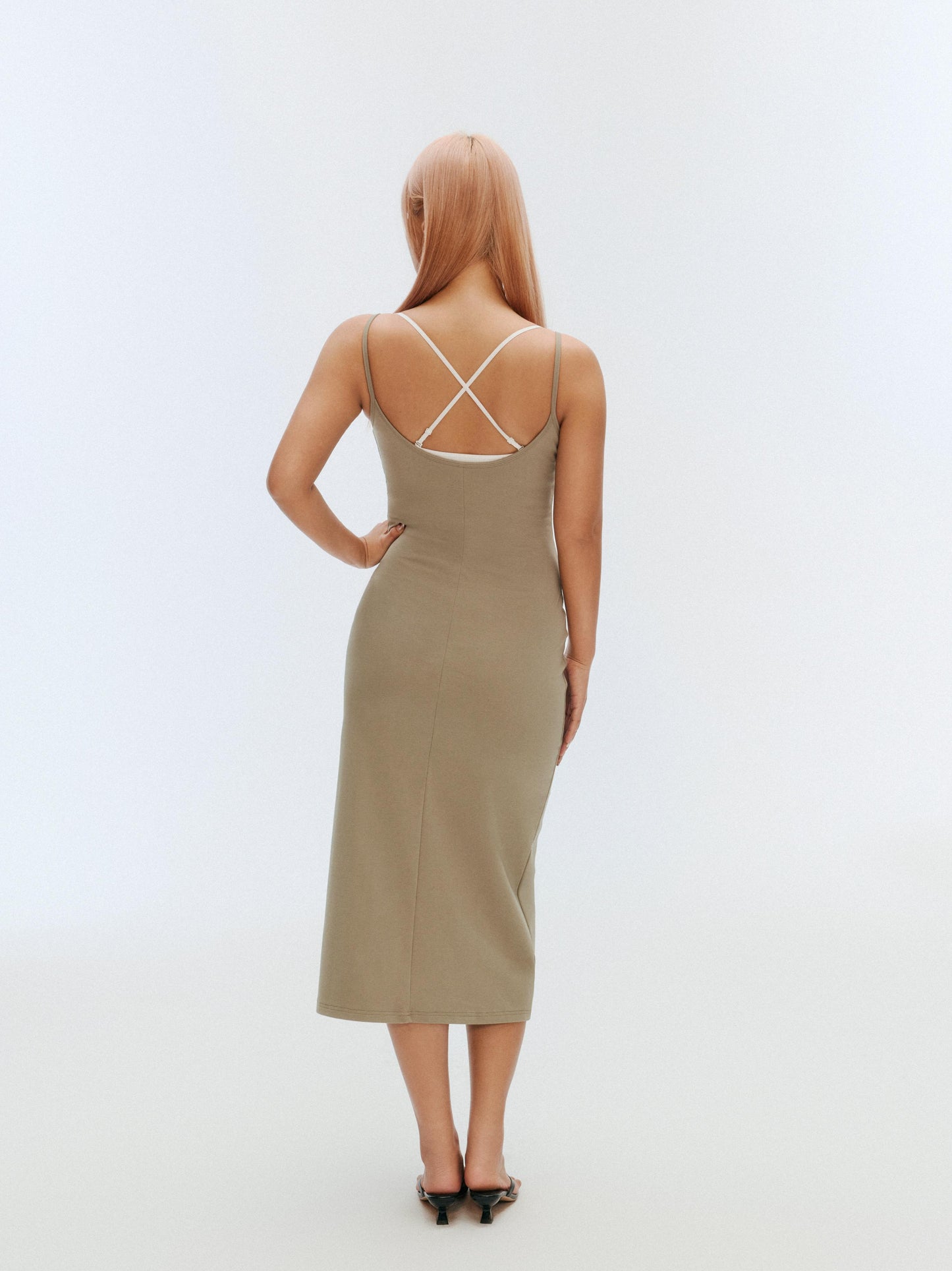 GREEEN Square Neck Slim Fit Backless Midi Slip Dress - The Blender
