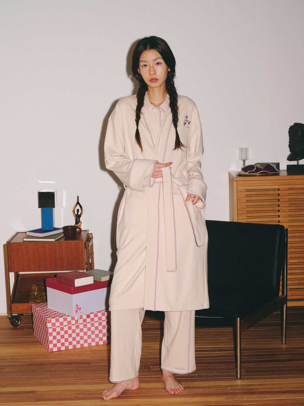 Contrast‑Color Lace Mid‑Length Loungewear Robe