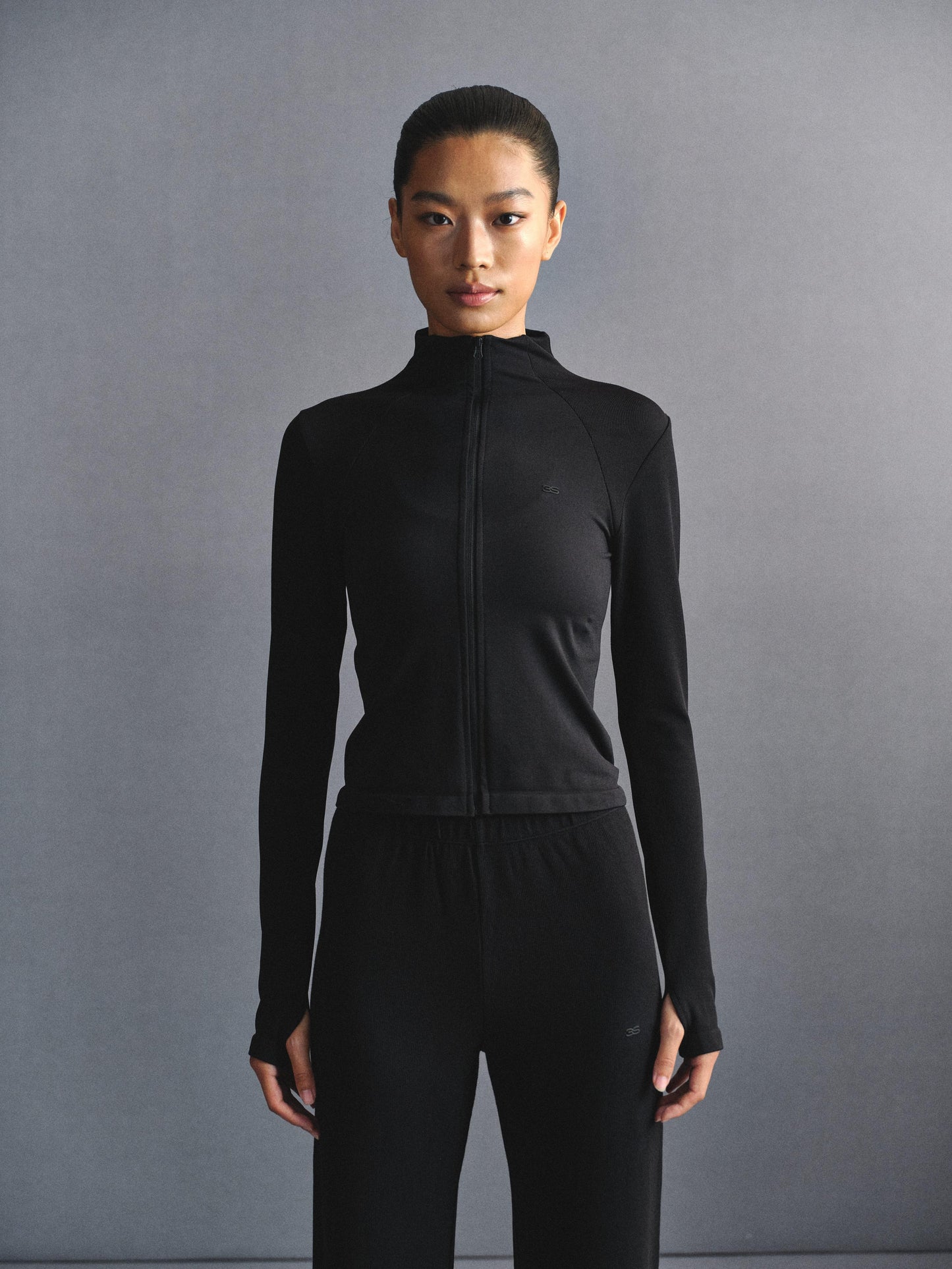 「3S」Slim‑Fit Mock‑Neck Long‑Sleeve Zip‑Up Jacket