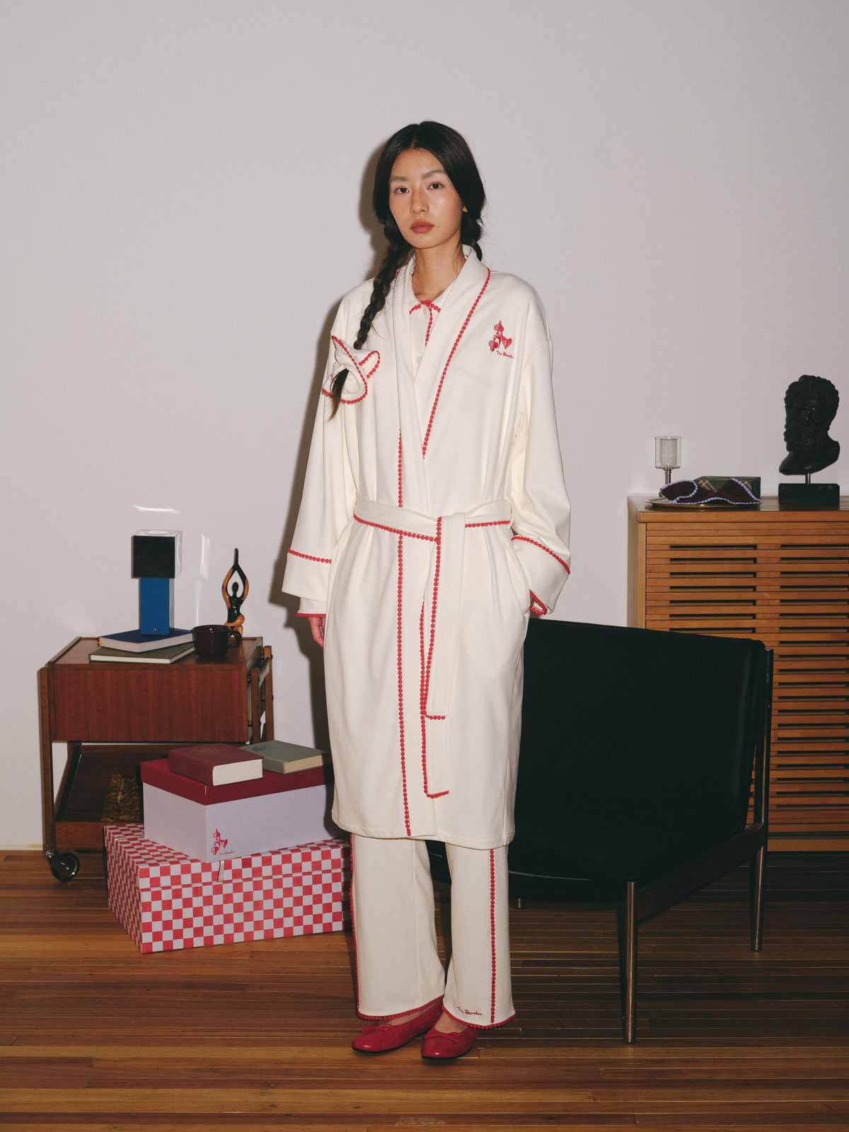 Contrast‑Color Lace Mid‑Length Loungewear Robe