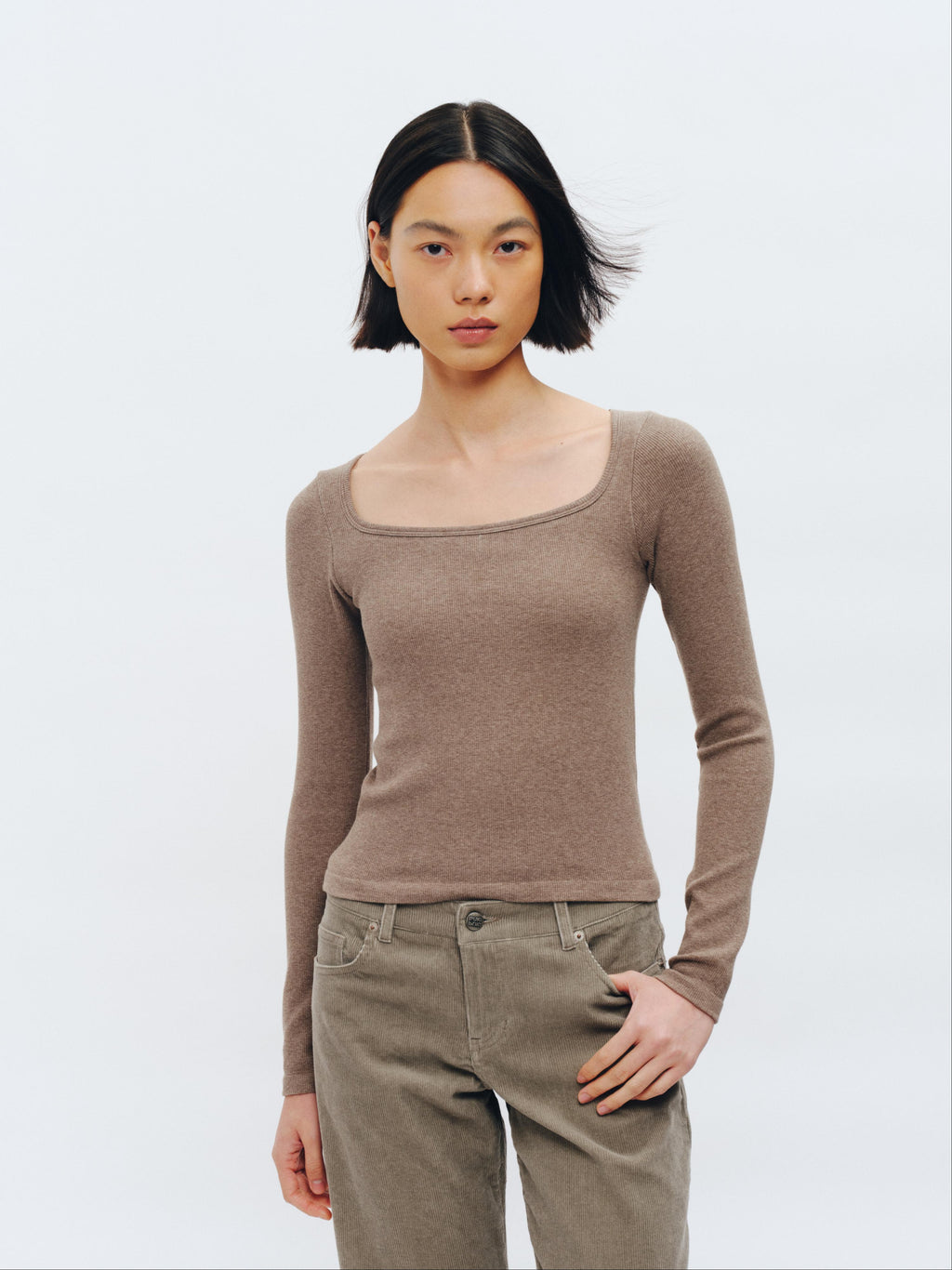GREEEN Organic Cotton Heather Yarn Square Neck Slim Fit Long Sleeve Top