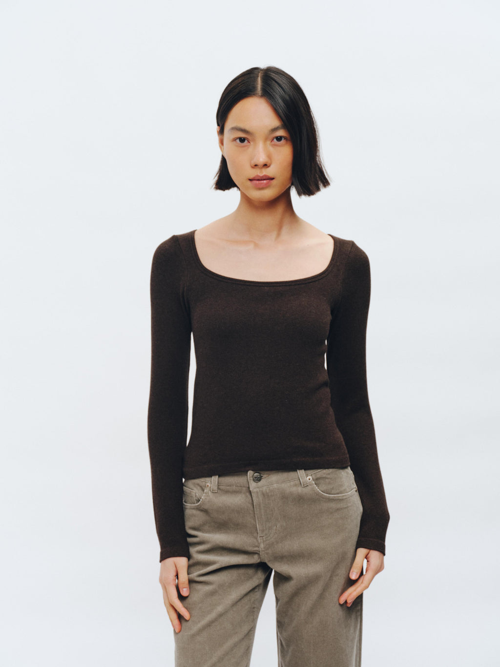 GREEEN Organic Cotton Heather Yarn Square Neck Slim Fit Long Sleeve Top