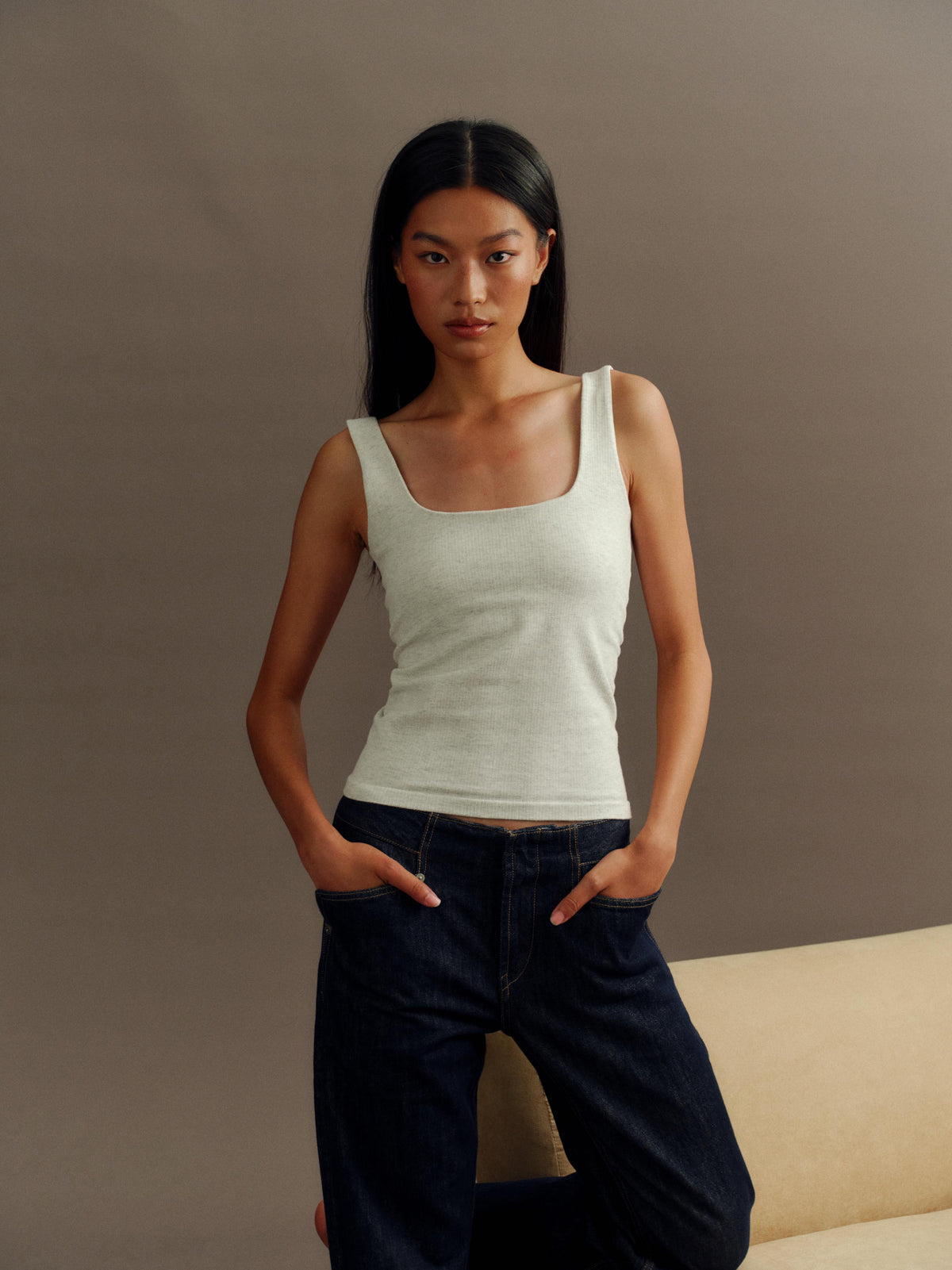 GREEEN Organic Cotton Heather Yarn Vertical Stripe Square Neck Slim Fit Tank Top - The Blender