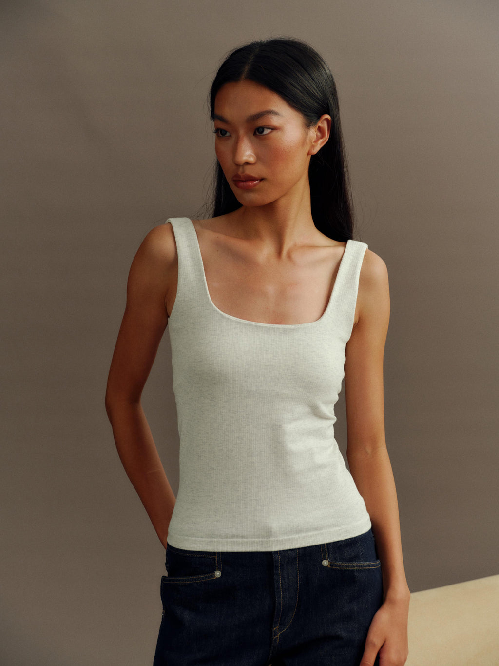 GREEEN Organic Cotton Heather Yarn Vertical Stripe Square Neck Slim Fit Tank Top - The Blender