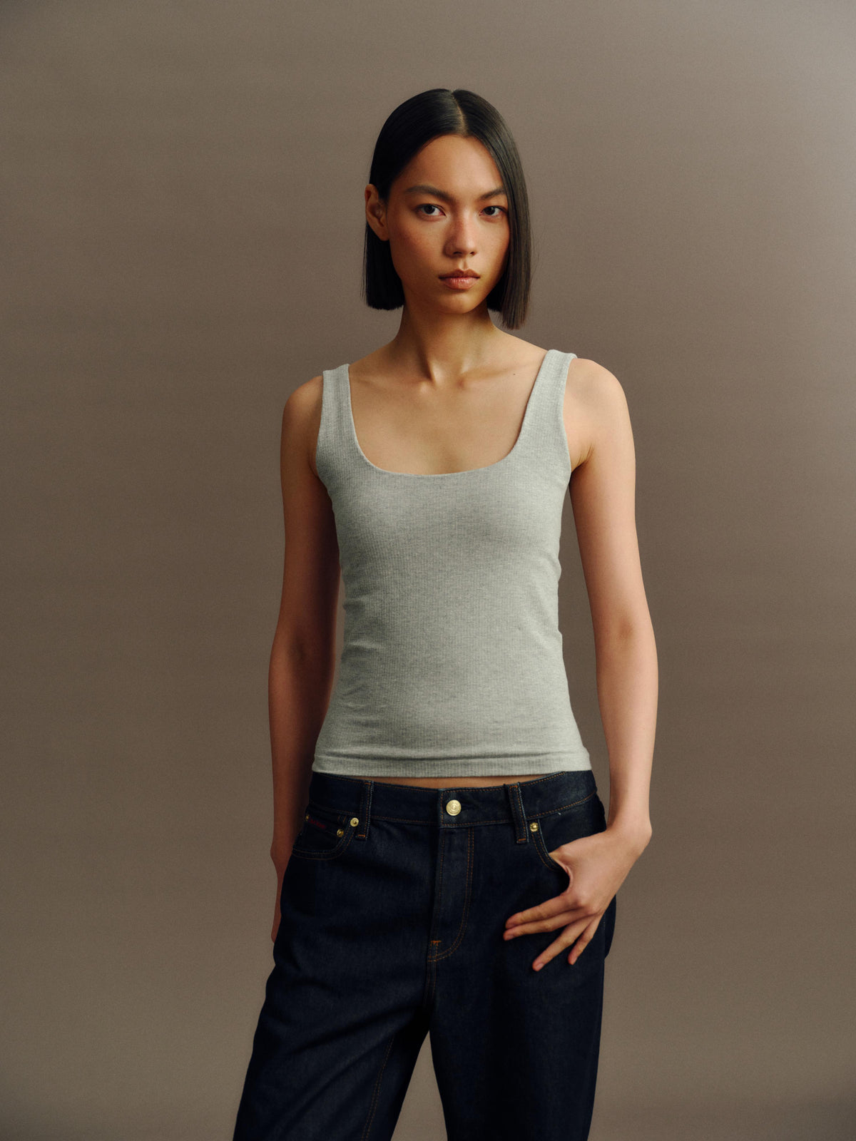 GREEEN Organic Cotton Heather Yarn Vertical Stripe Square Neck Slim Fit Tank Top - The Blender