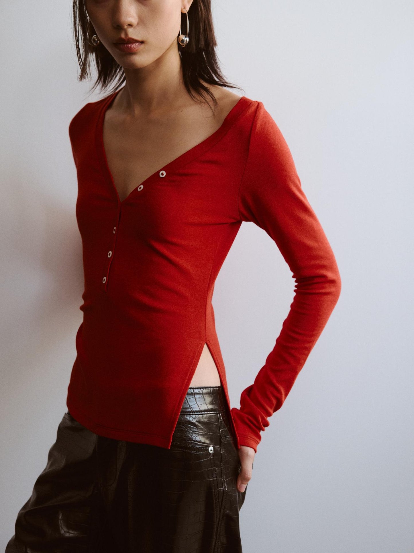 Asymmetrical Henley Collar Tencel-Wool Long-Sleeve Top - The Blender