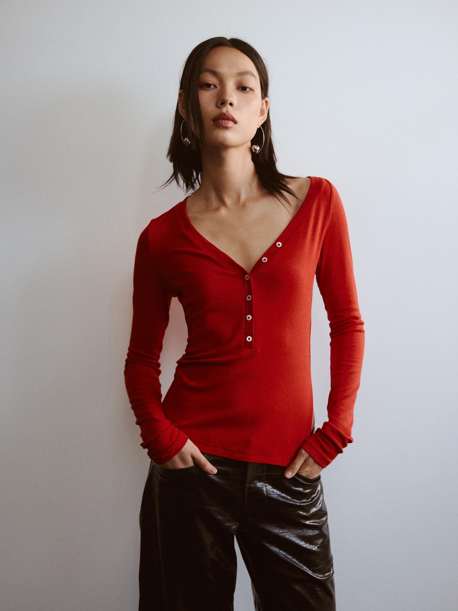 Asymmetrical Henley Collar Tencel-Wool Long-Sleeve Top - The Blender