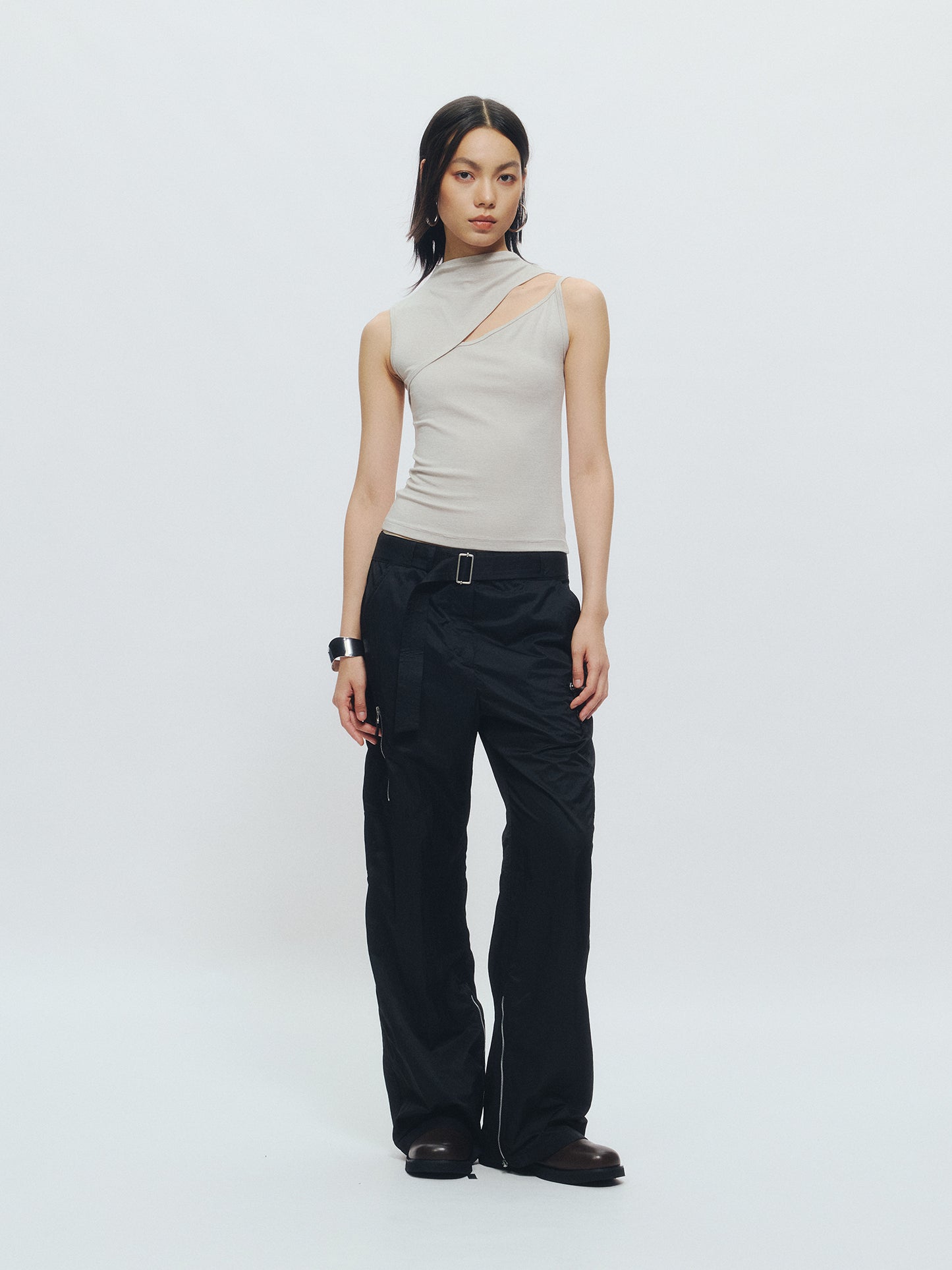 Cut-out Mock Neck Vest & Tie-Front Long Sleeve Top - The Blender