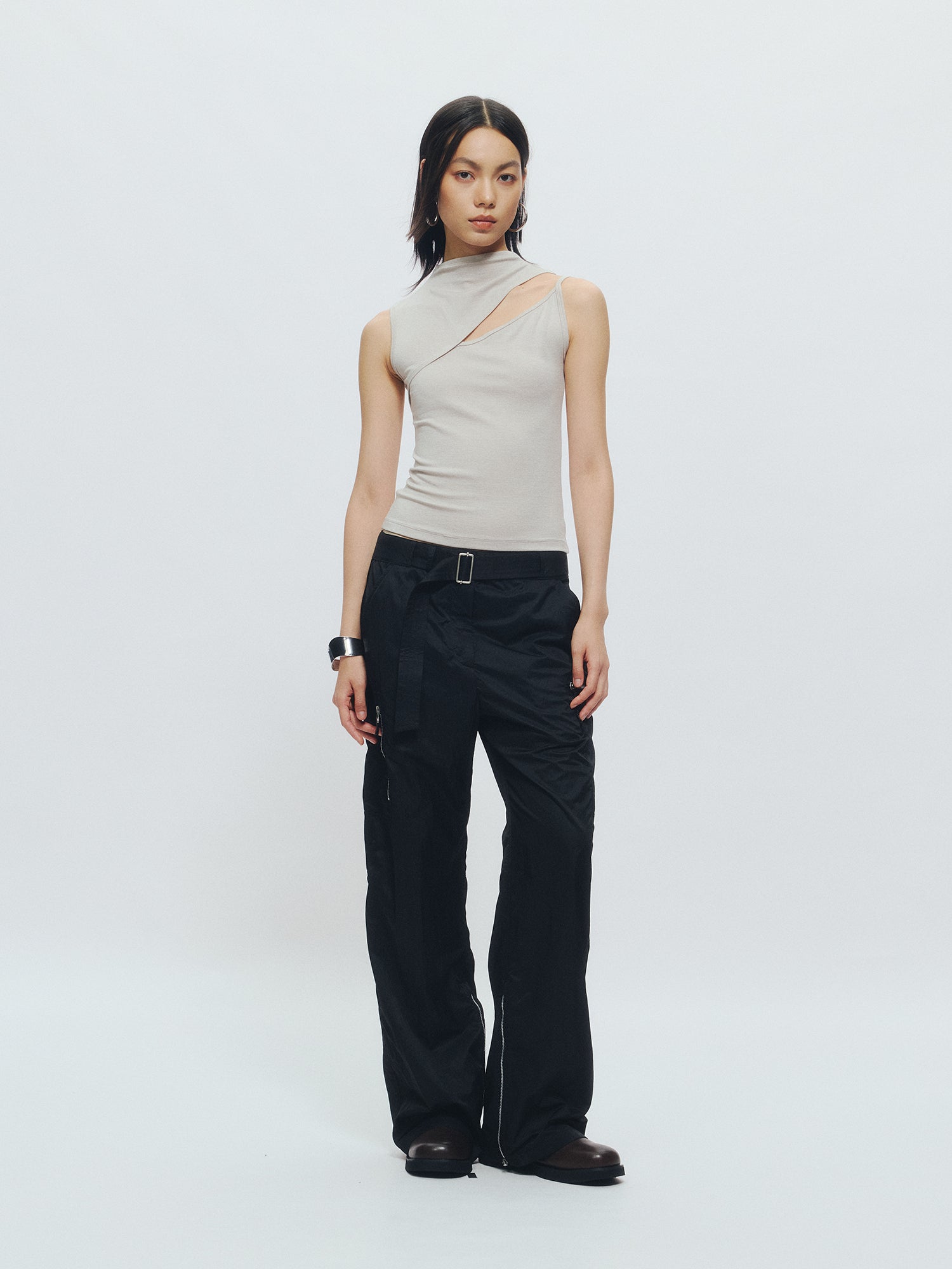 Cut-out Mock Neck Vest & Tie-Front Long Sleeve Top - The Blender