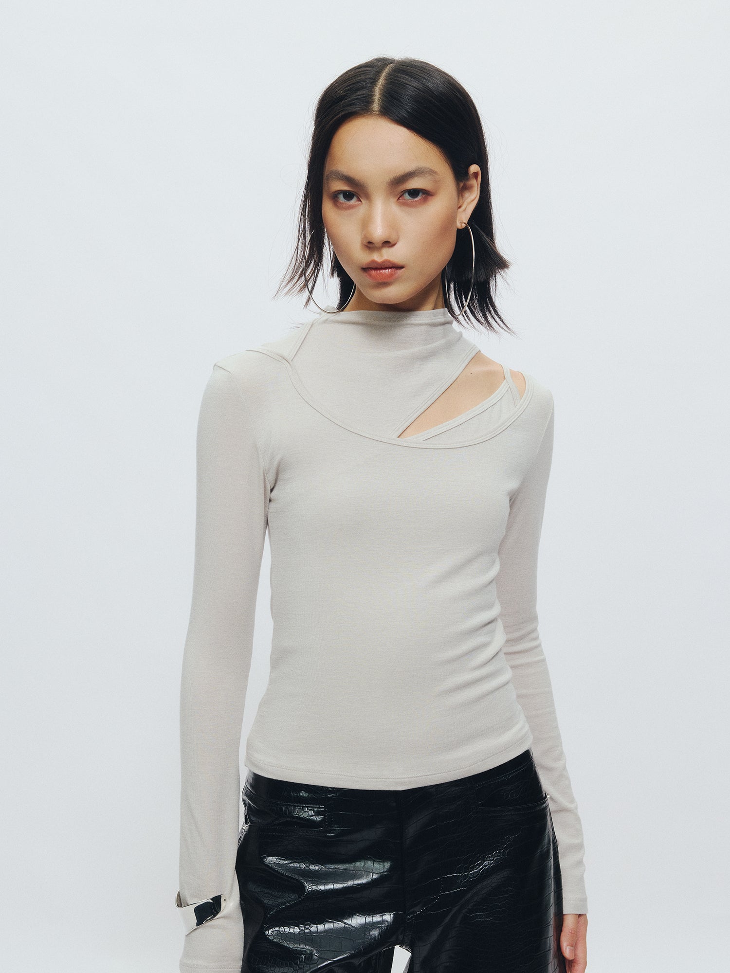 Cut-out Mock Neck Vest & Tie-Front Long Sleeve Top - The Blender