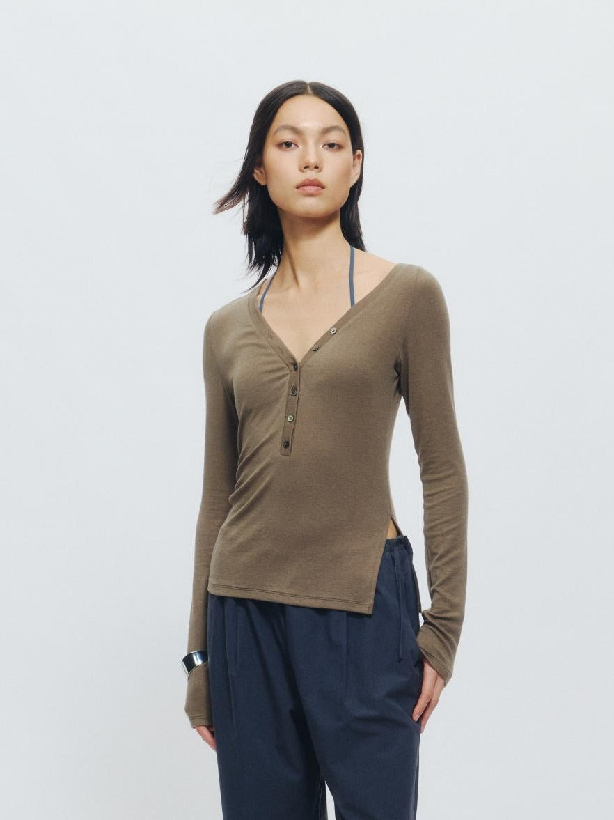 Asymmetrical Henley Collar Tencel-Wool Long-Sleeve Tee - The Blender