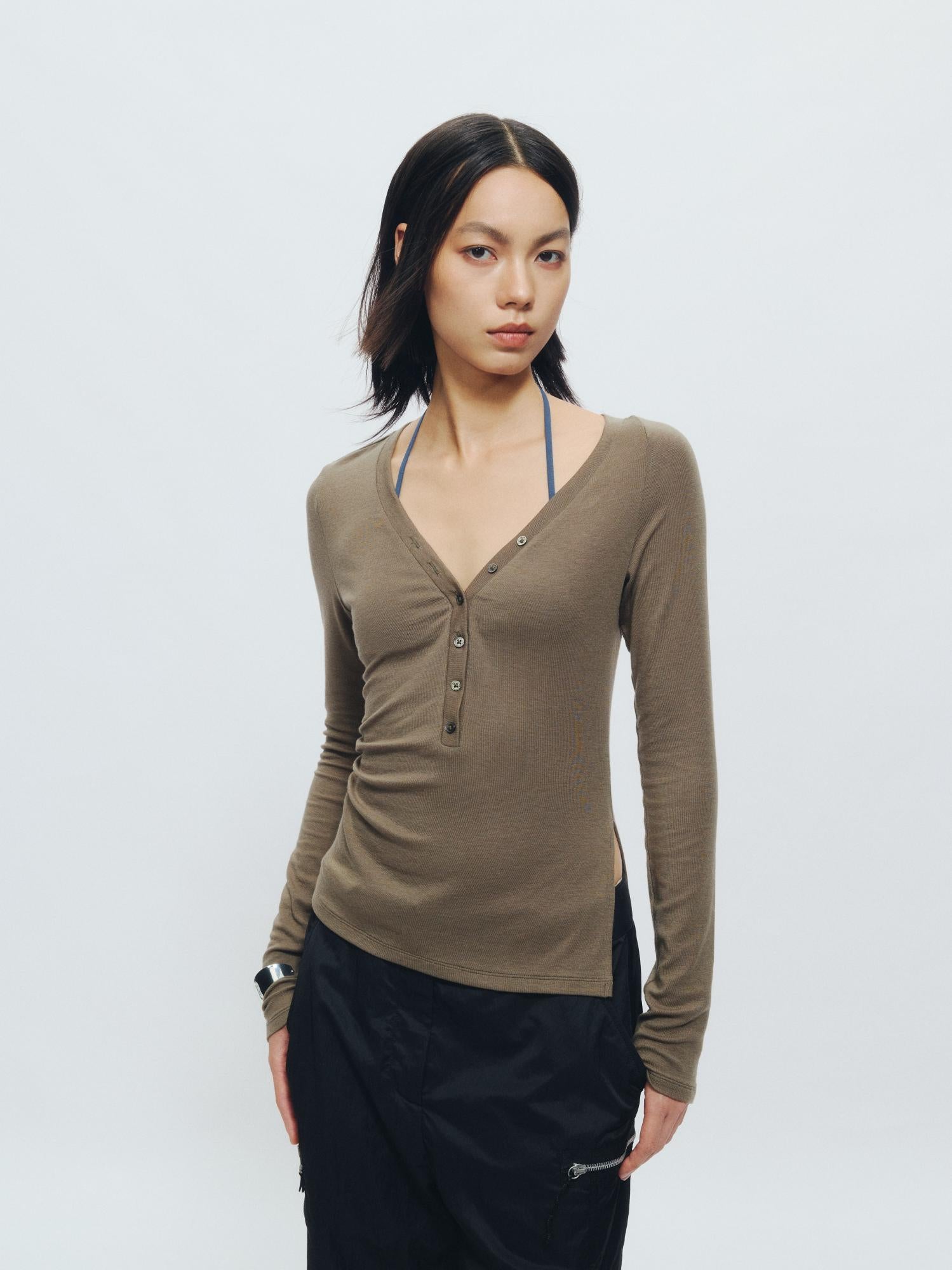 Asymmetrical Henley Collar Tencel-Wool Long-Sleeve Tee - The Blender