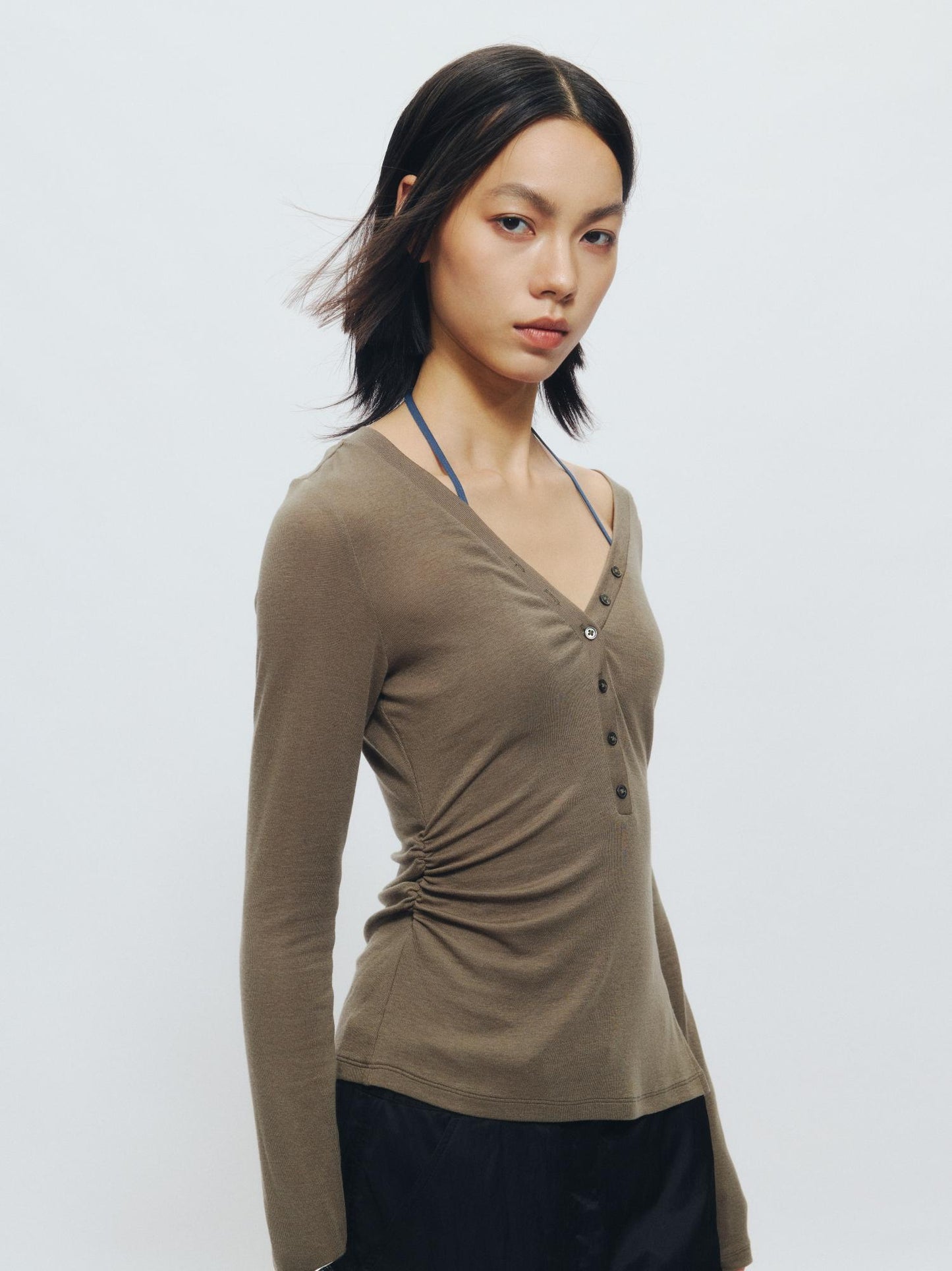 Asymmetrical Henley Collar Tencel-Wool Long-Sleeve Tee - The Blender