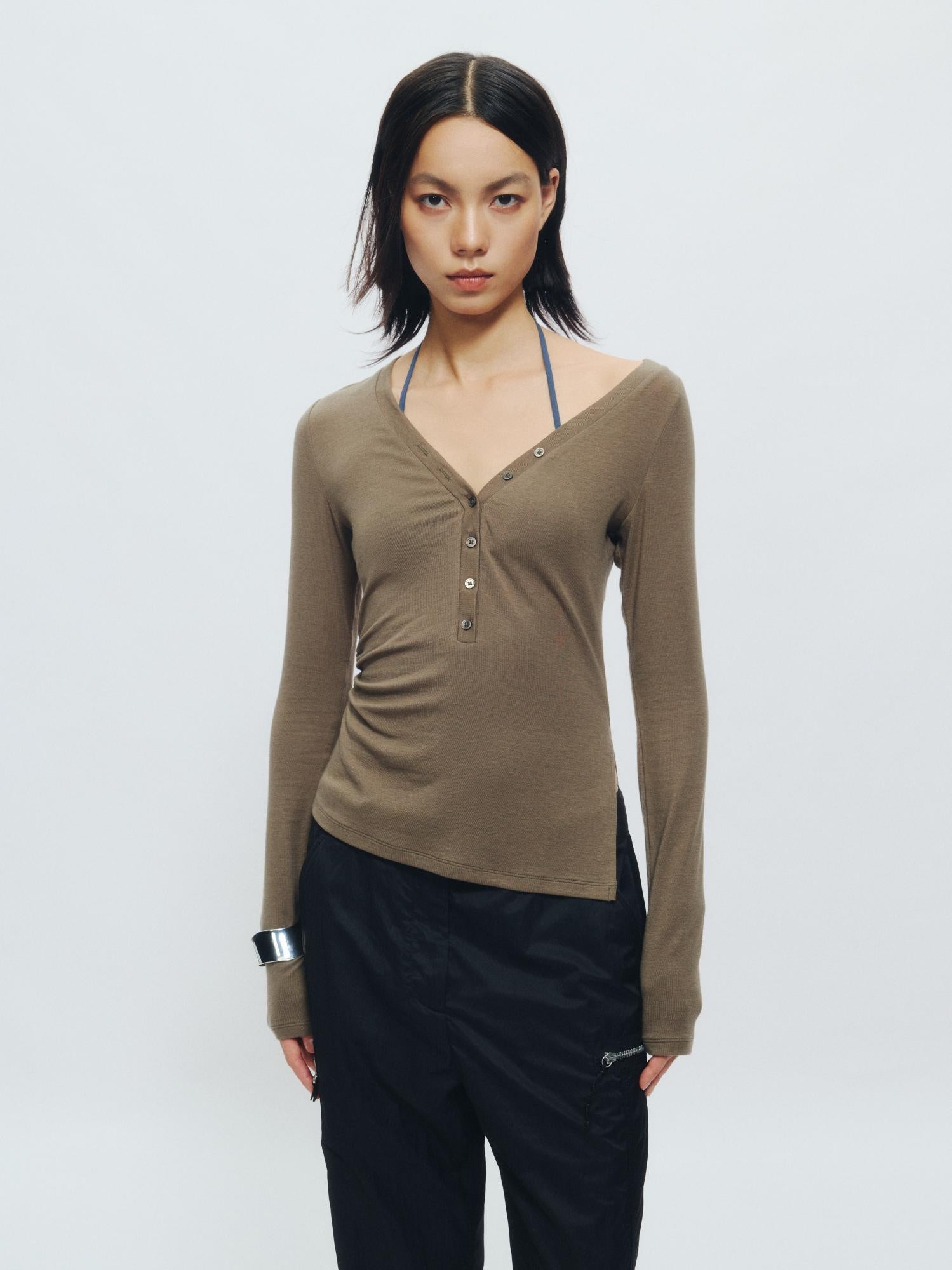 Asymmetrical Henley Collar Tencel-Wool Long-Sleeve Tee - The Blender
