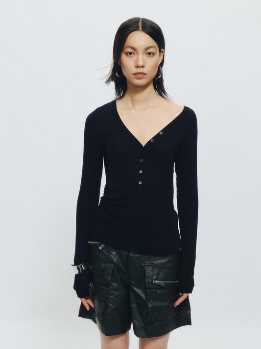 Asymmetrical Henley Collar Tencel-Wool Long-Sleeve Tee - The Blender