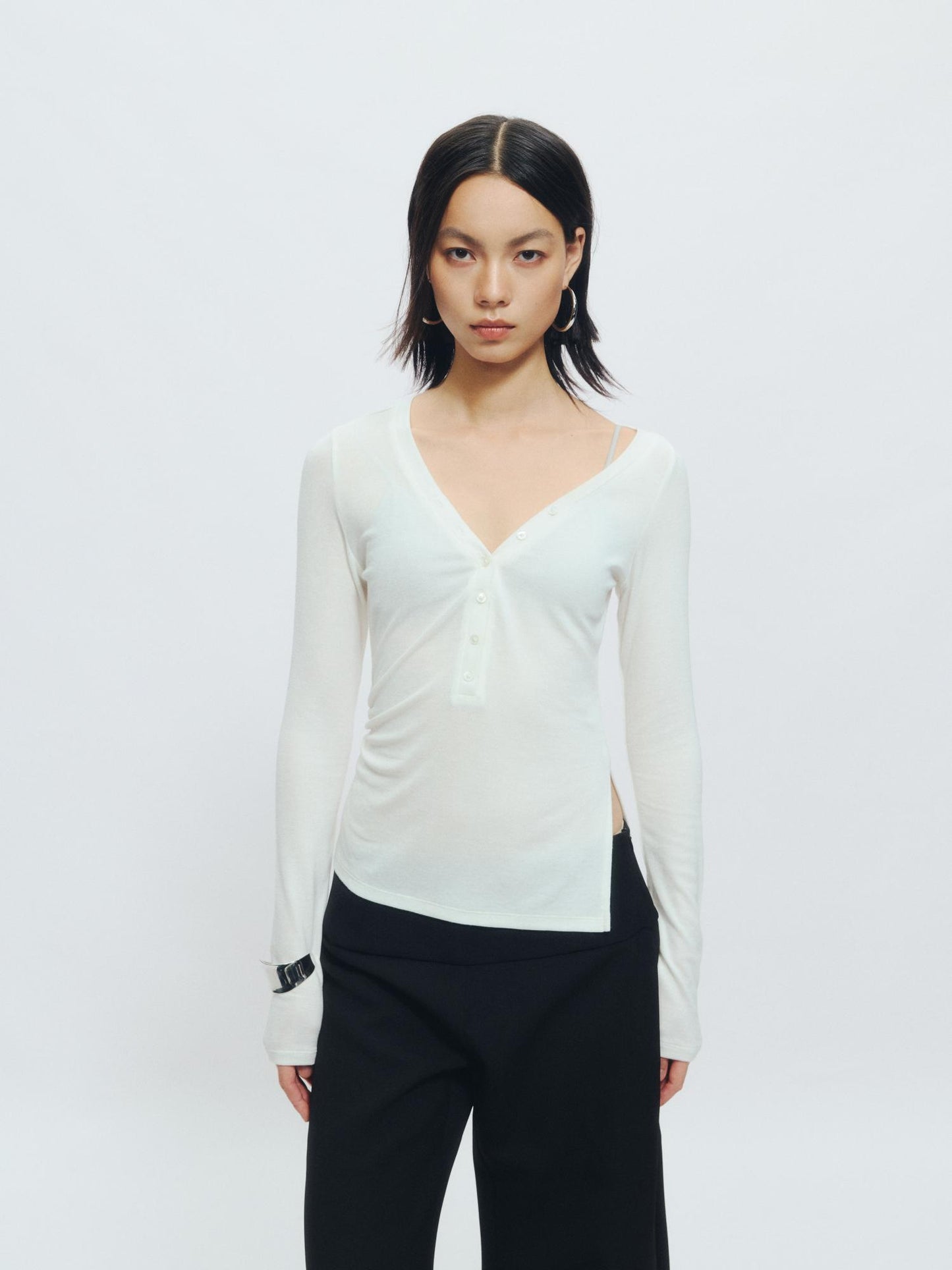 Asymmetrical Henley Collar Tencel-Wool Long-Sleeve Tee - The Blender