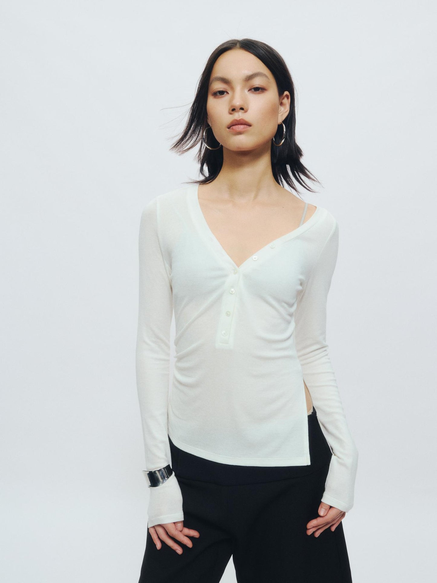 Asymmetrical Henley Collar Tencel-Wool Long-Sleeve Tee - The Blender