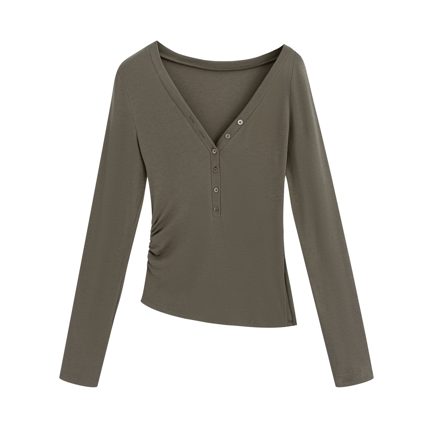 Asymmetrical Henley Collar Tencel-Wool Long-Sleeve Tee - The Blender