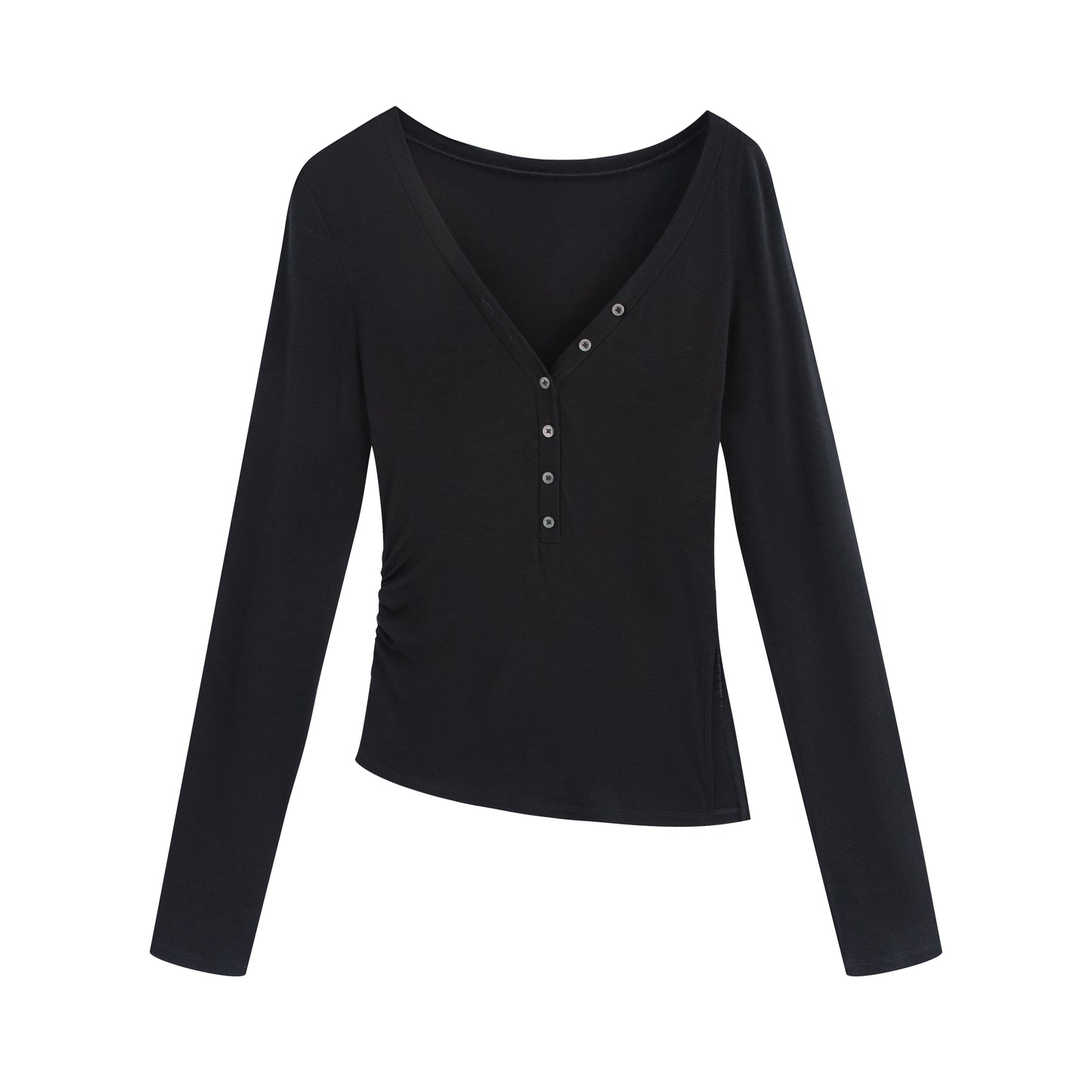 Asymmetrical Henley Collar Tencel-Wool Long-Sleeve Tee - The Blender