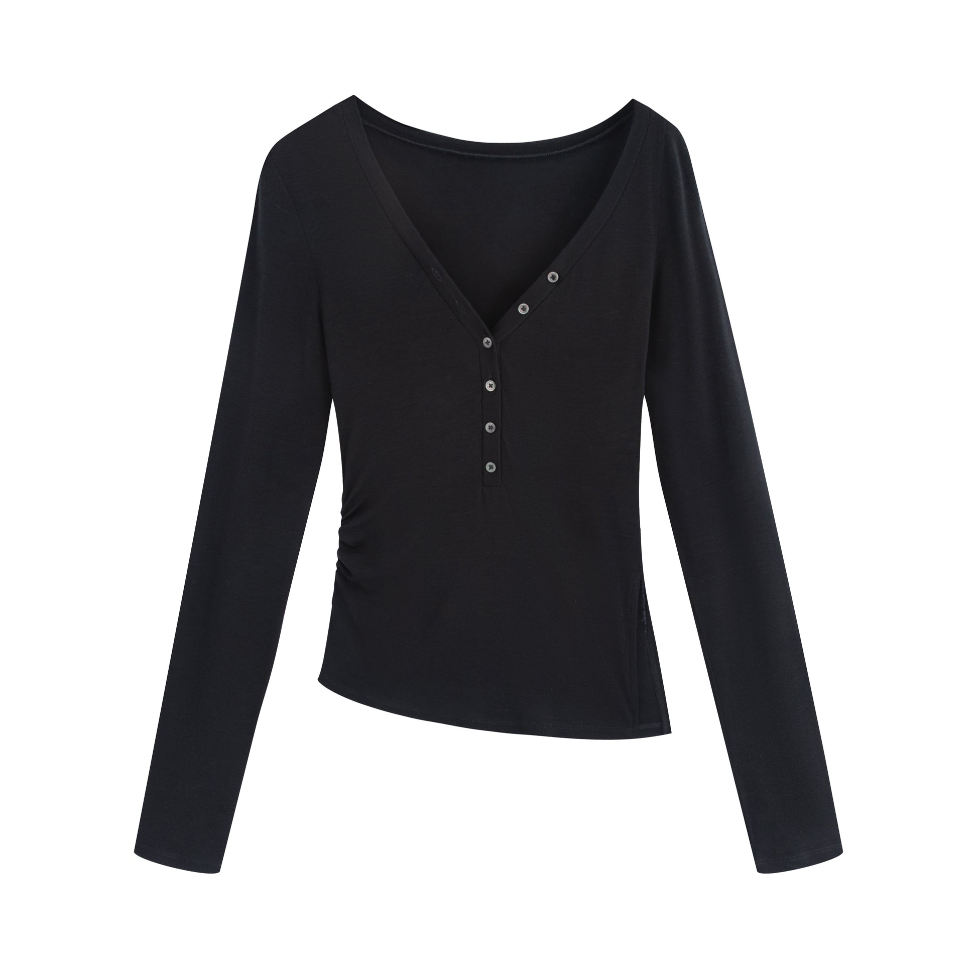 Asymmetrical Henley Collar Tencel-Wool Long-Sleeve Tee - The Blender